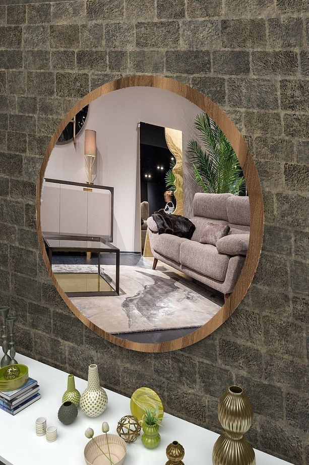 Ceviz Ahşap Dekoratif Yuvarlak Antre Hol Koridor Duvar Salon Mutfak Banyo Wc Ofis Aynası 60 Cm - 2