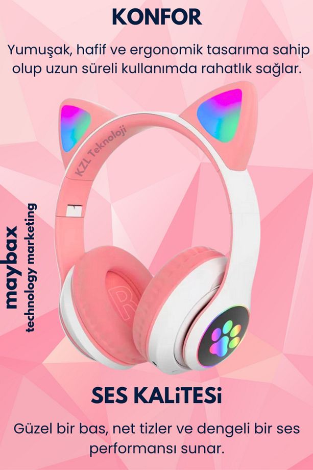 23m Kablosuz Bluetooth 5.0 Led Işıklı Kedili Kulaklık İOS Android Uyumlu TF Kart Aux FM Kulaklık - 2