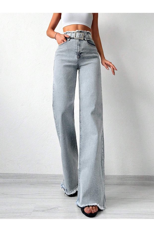 Women's High-Waist Belted , Tasselled Waist Tasselled Hem Blue Snow Wash Palazzo Jeans