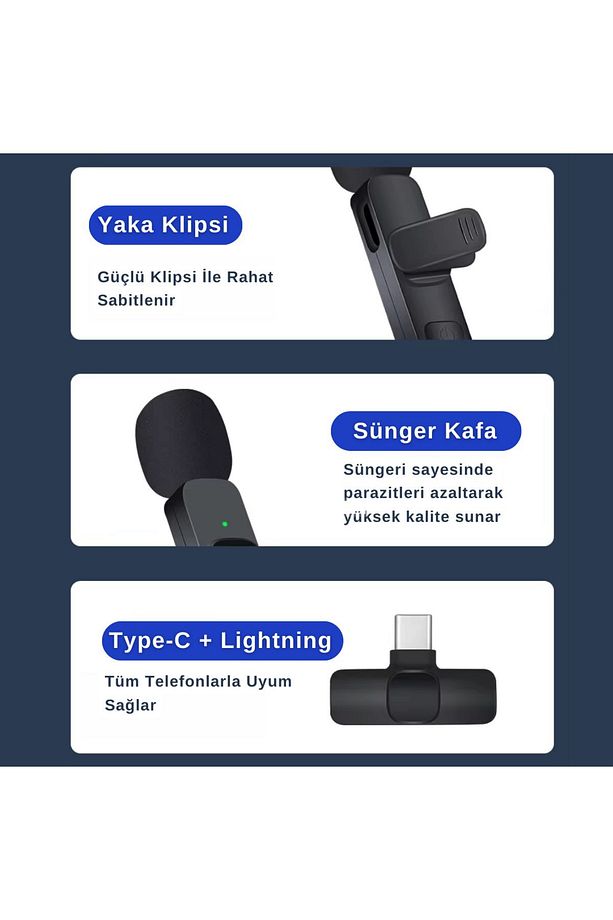 Kablosuz Yaka Mikrofonu Profesyonel 2li + Type-C + Lightning Tüm Cihazlarla Uyumlu - 5