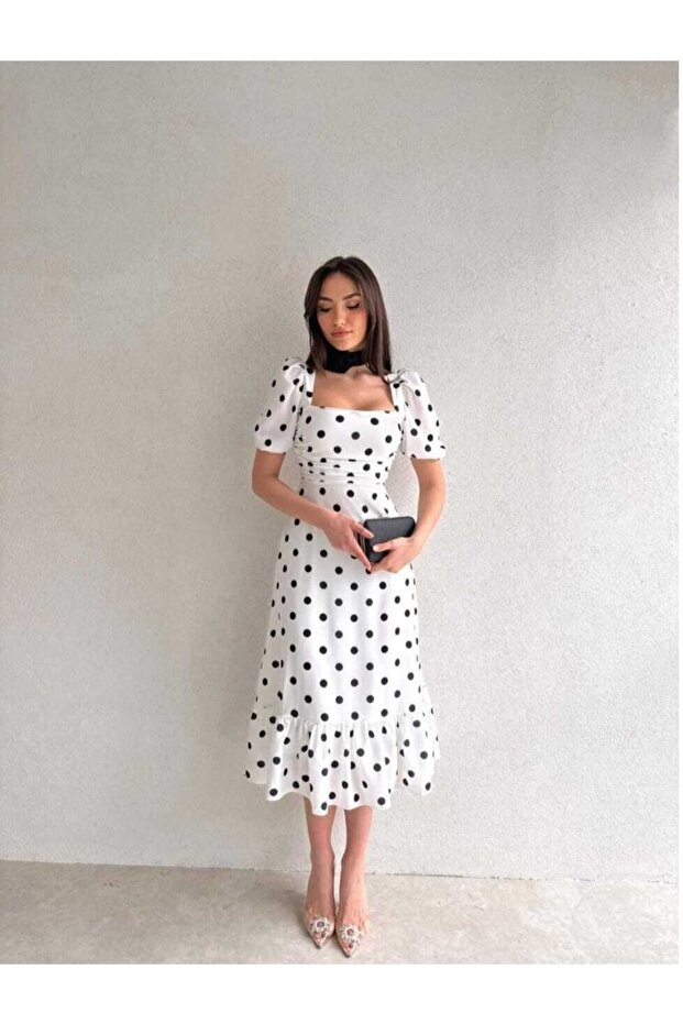 Women's White Polka Dot Patterned Square Neck Lined Maxi Height Premium Dress