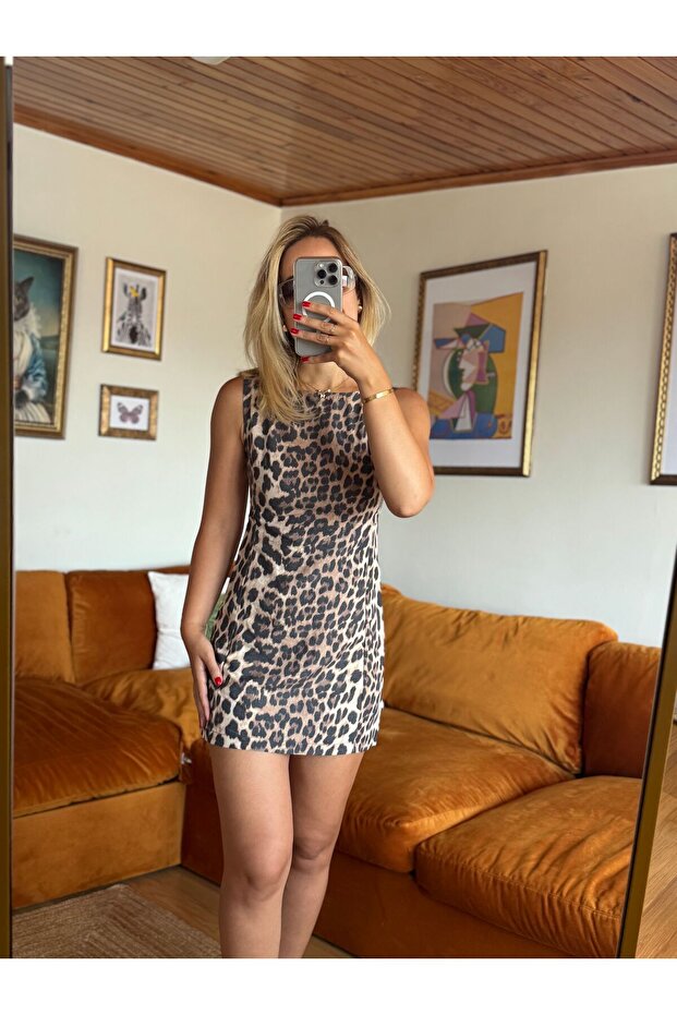 Leopar mini elbise - 3