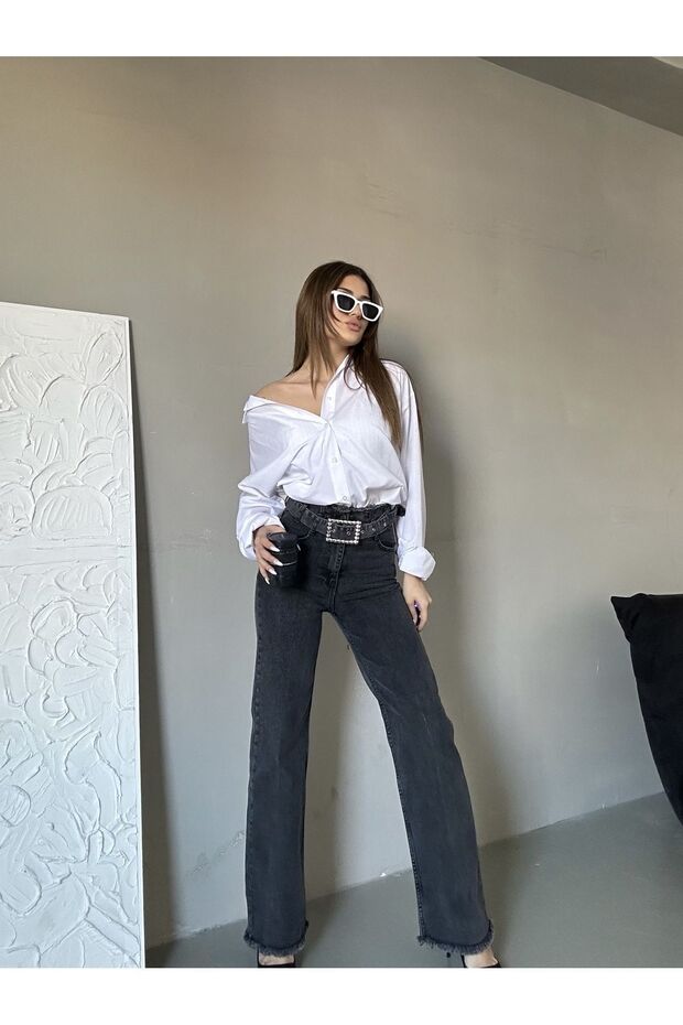 Women's High Waist Belted Waist Tassel Leg Tassel Black Snow Wash Lycra Palazzo Jean
