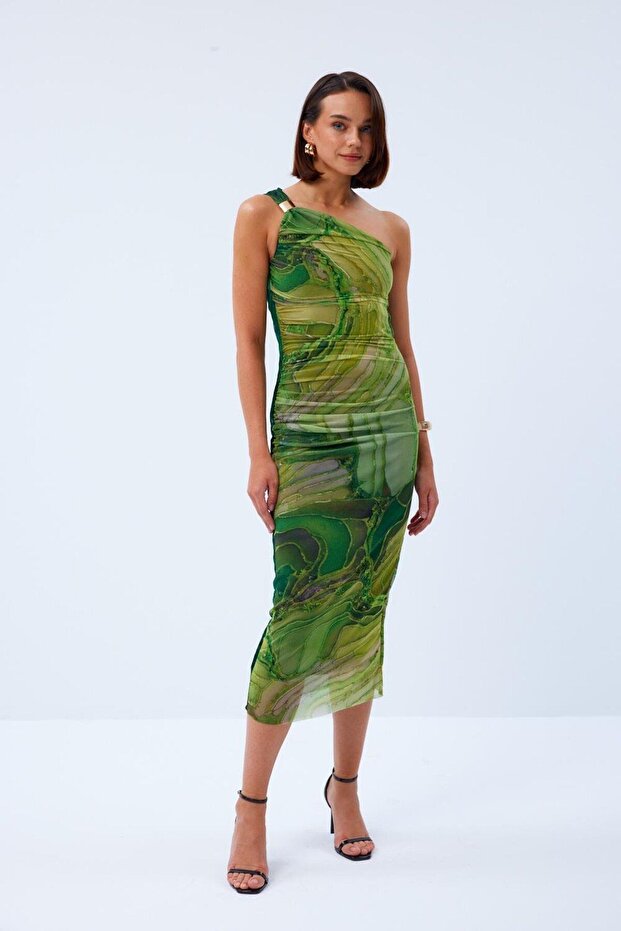 Khaki Midi Tulle Dress - Single Shoulder Drape Pattern