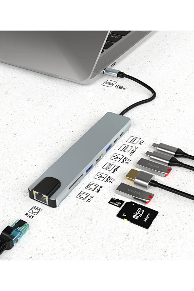 Yüksek kaliteli Macbook Pro Air Usb Type-c Hub Dönüştürücü Çoklayıcı Usb Hdmi, Tf, Sd, Pd, Ethernet - 1