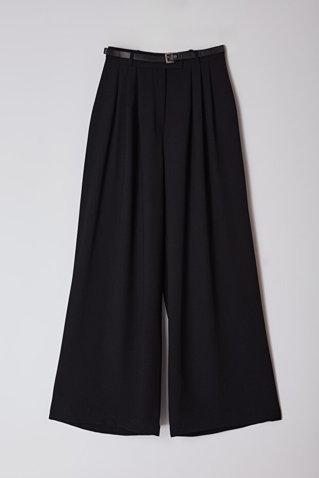 Siyah Kemerli Pilili Wide Leg/Extra Geniş Paça Dokuma Palazzo Pantolon TWOAW25PL00032 - 6