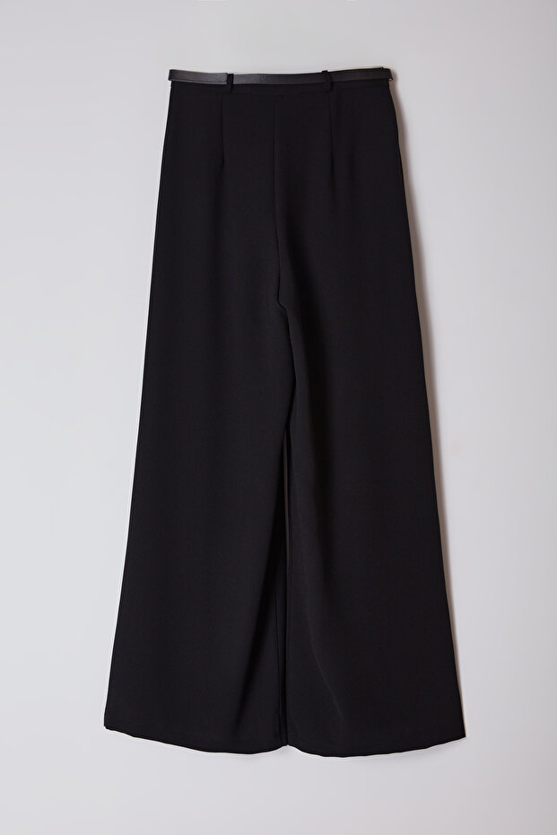 Siyah Kemerli Pilili Wide Leg/Extra Geniş Paça Dokuma Palazzo Pantolon TWOAW25PL00032 - 7