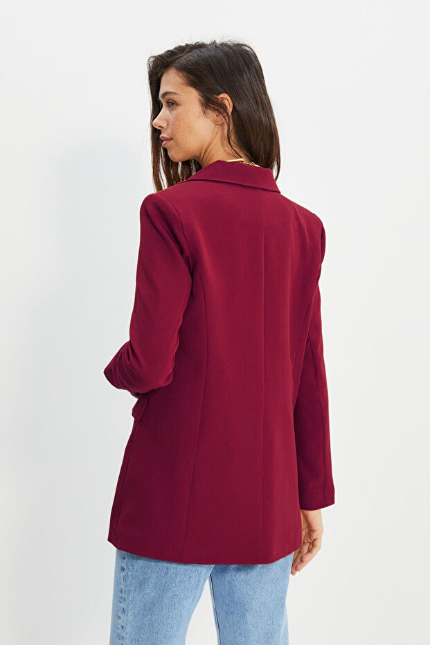 Bordo Oversize Astarlı Düğmeli Dokuma Blazer Ceket TWOAW22CE0167 - 4