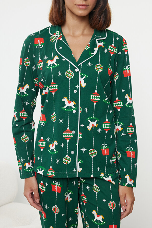 Yeşil %100 Pamuklu Yılbaşı Temalı Örme Pijama Takımı THMAW25PT00172 - 3