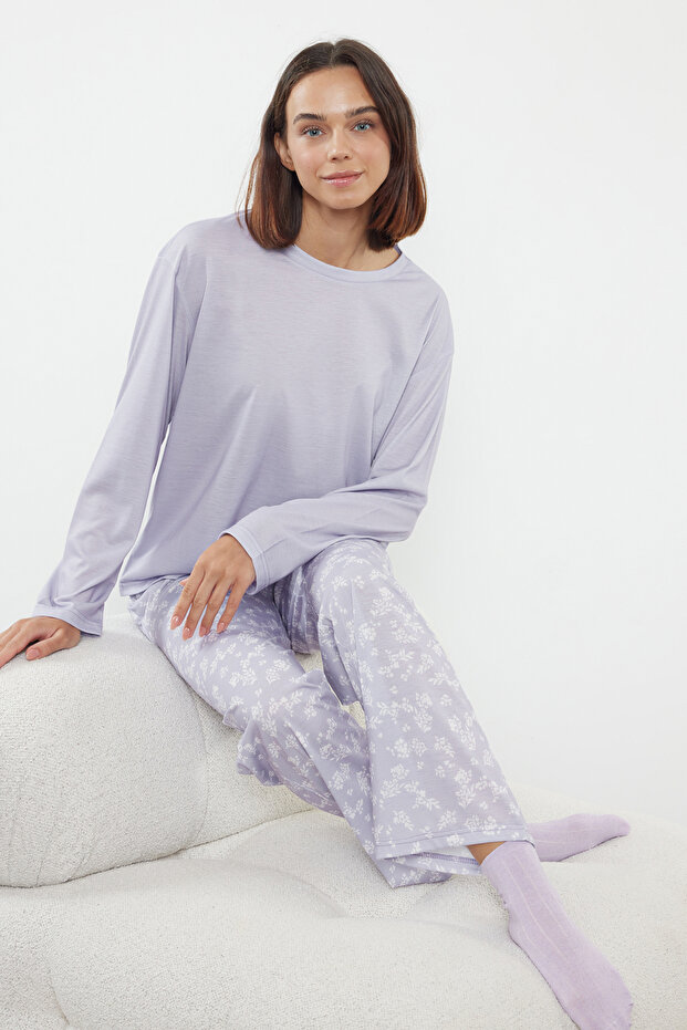 Lila %100 Pamuklu Çiçekli Örme Pijama Takımı THMAW25PT00187 - 1