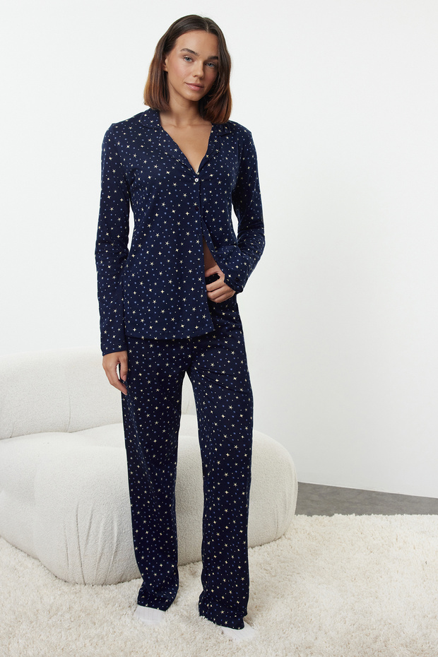 Lacivert %100 Pamuklu Galaksi Desenli Örme Pijama Takımı THMAW25PT00097 - 2