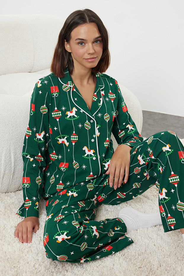 Yeşil %100 Pamuklu Yılbaşı Temalı Örme Pijama Takımı THMAW25PT00172 - 1
