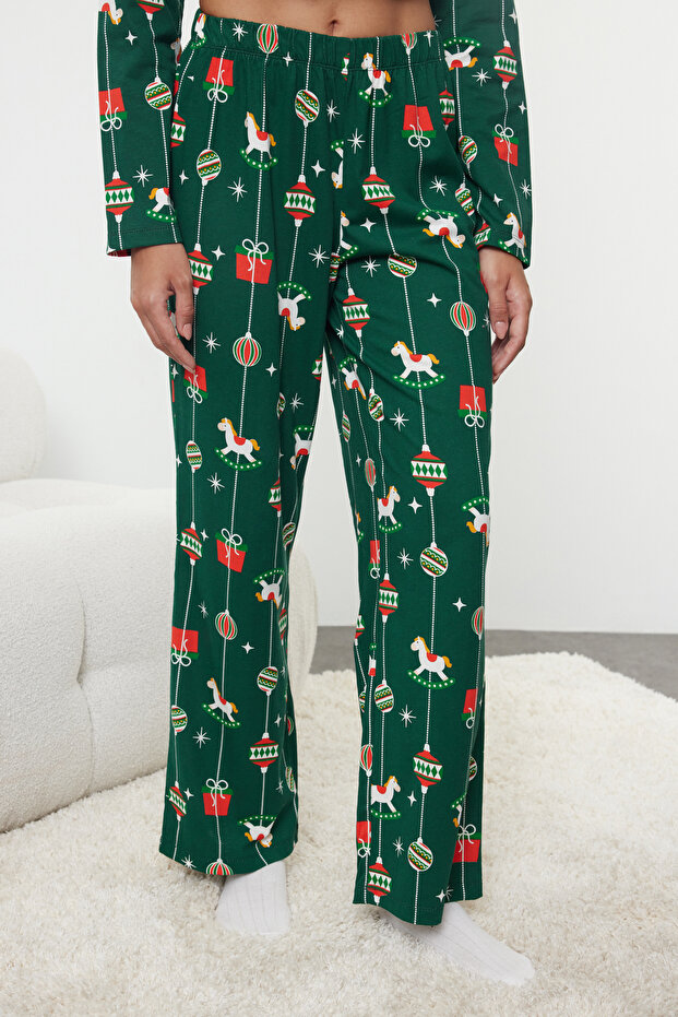 Yeşil %100 Pamuklu Yılbaşı Temalı Örme Pijama Takımı THMAW25PT00172 - 4