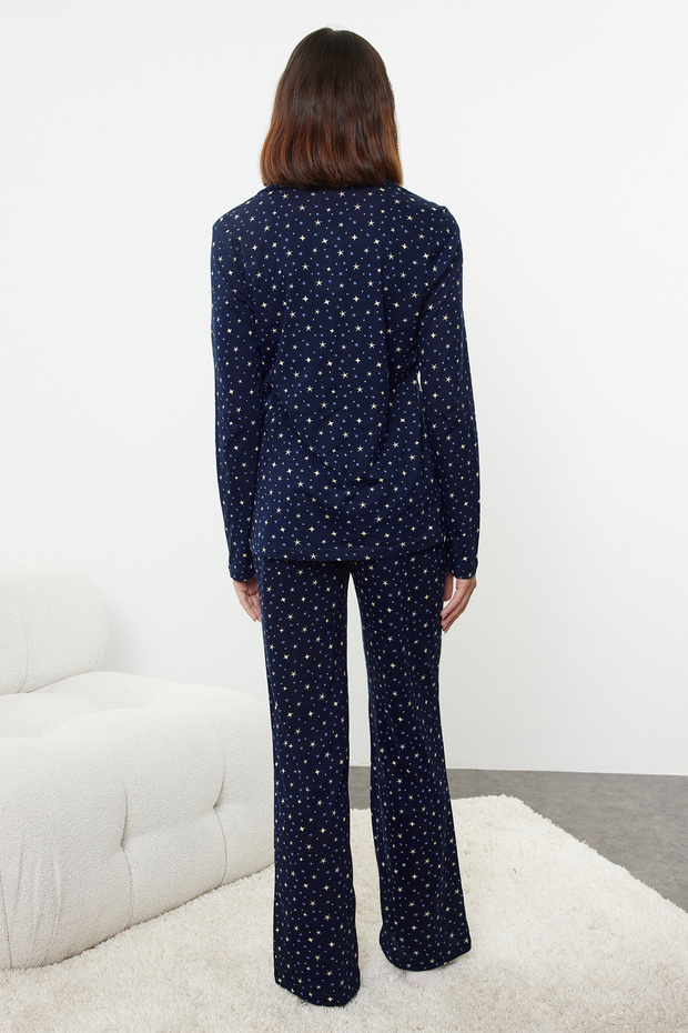 Lacivert %100 Pamuklu Galaksi Desenli Örme Pijama Takımı THMAW25PT00097 - 5