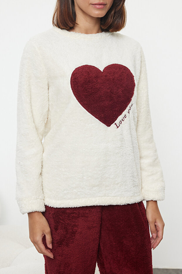 Ekru-Bordo Kalpli Wellsoft Kışlık Örme Pijama Takımı THMAW25PT00087 - 3