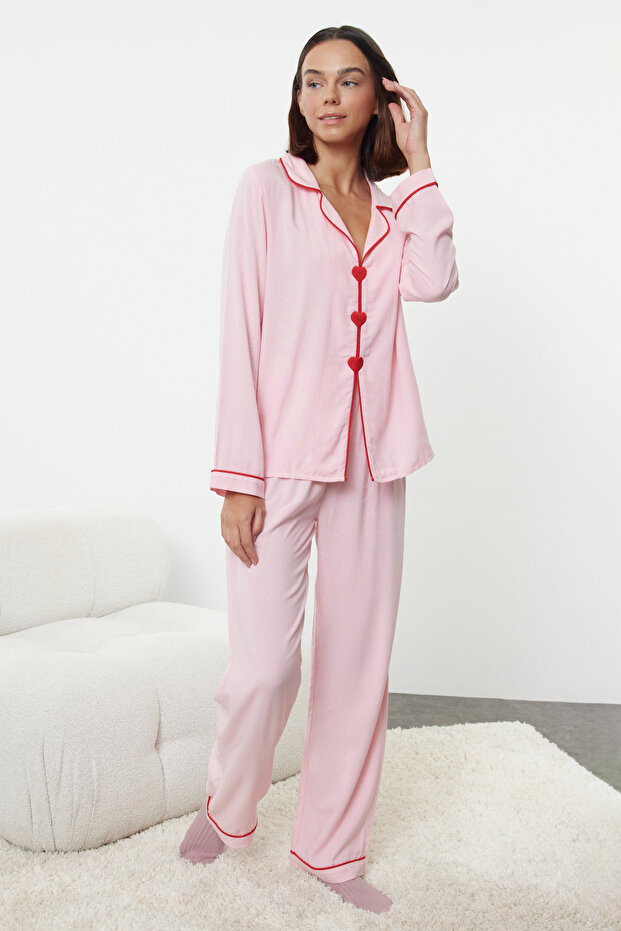 Pembe Kalp Nakışlı Biyeli Viskon Dokuma Pijama Takımı THMAW25PT00179 - 1