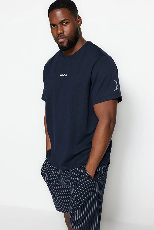 Lacivert Büyük Beden Regular Fit Rahat Baskılı Şortlu Pijama Takımı TMNSS23PT00014 - 1