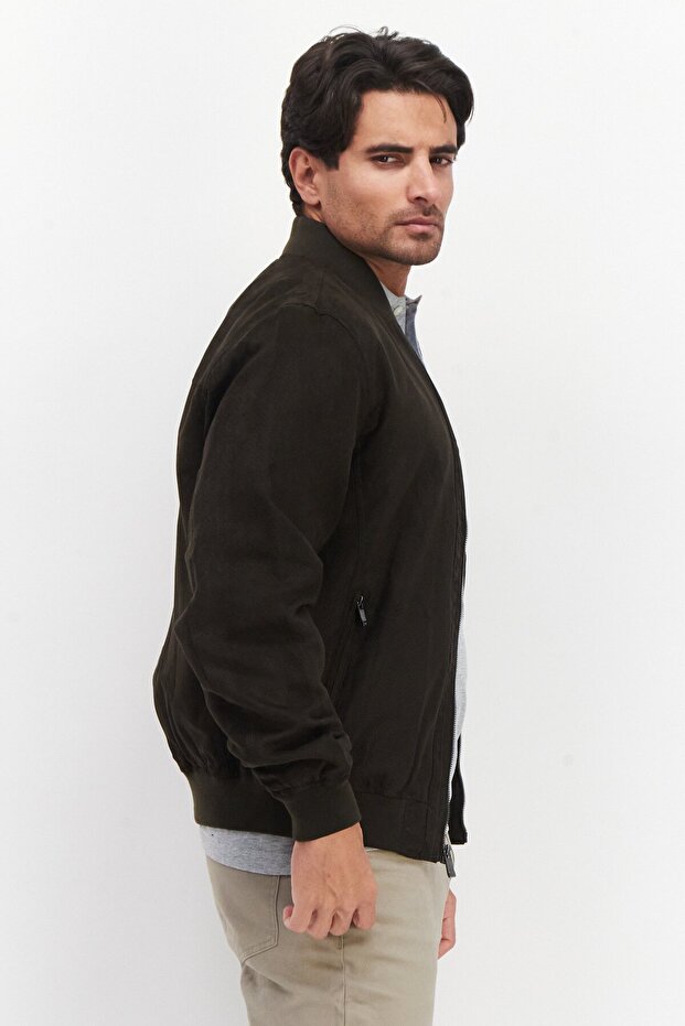Men Micro Suede Bomber Jacket, Charcoal - 2