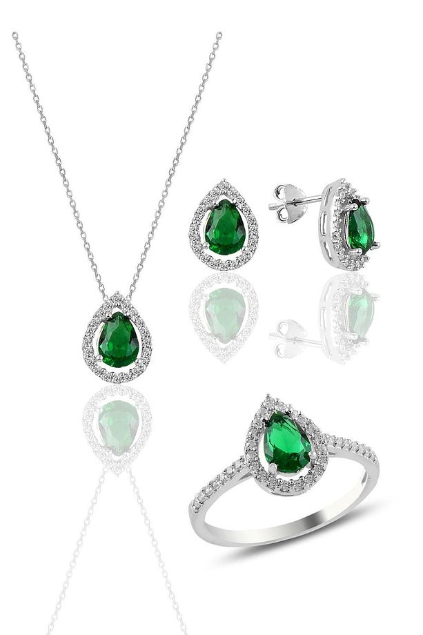 Gümüş Rodyumlu Kök Zümrüt Taşlı Damla Modeli Üçlü Set Sgtl11003 - 1