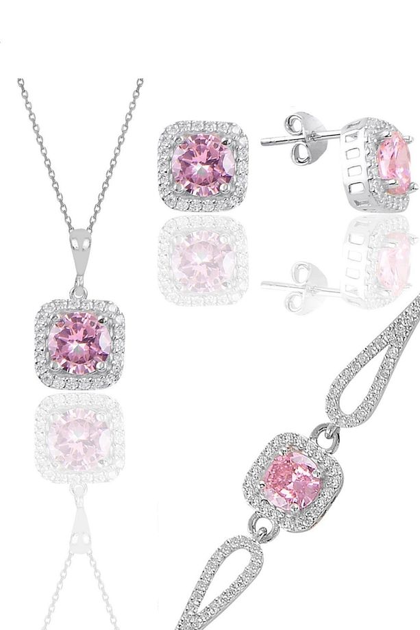 Gümüş Rodyumlu Pembe Taşlı Kare Kolye Küpe Ve Bileklikten Oluşan Üçlü Set Sgtl11578pembe - 1