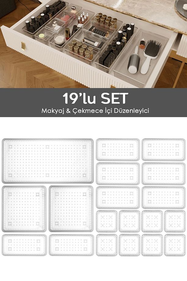 19'lu Çekmece İçi Çok Amaçlı Organizer -Kozmetik Takı Makyaj Organizeri Dolap İçi Düzenleyici Şeffaf - 1