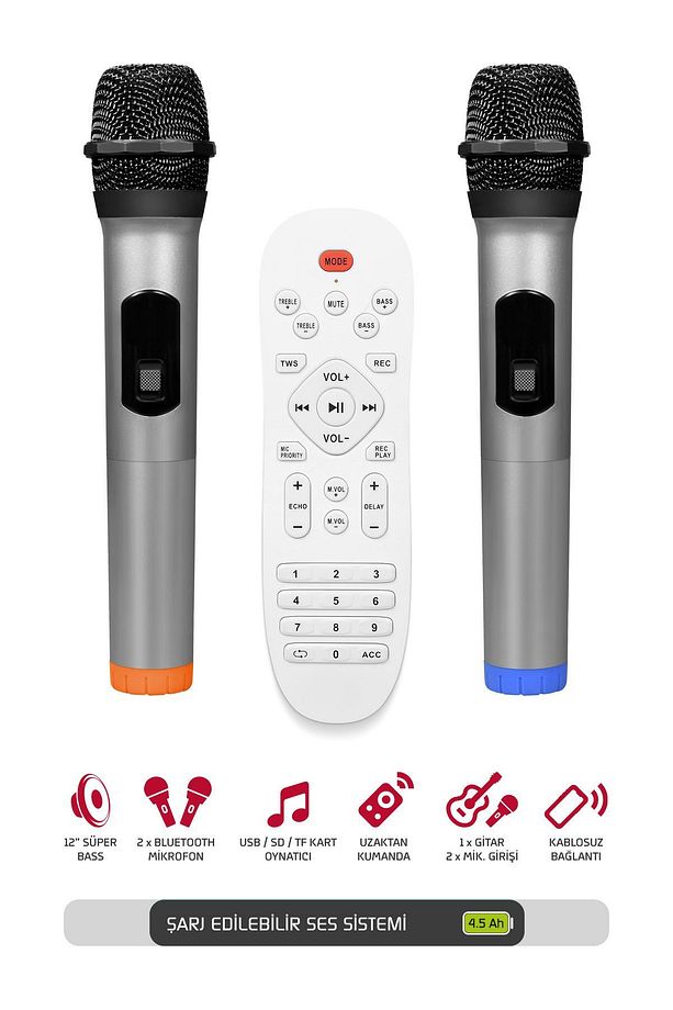 Şarjlı Çift Mikrofonlu Hoparlör Karaoke Sistemi Taşınabilir Amfi MT90 Bluetooth Hoparlör - 4