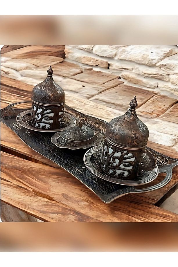 Bakır Fincan Takımı Gümüş - Bakır Osmanlı Desenli Motifli Türk Kahvesi Kahve Fincanları - 1