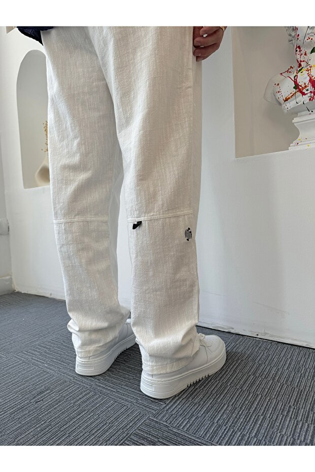 Beyaz GG Baskılı Baggy Keten Pantolon - 6