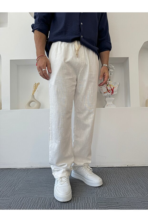 Beyaz GG Baskılı Baggy Keten Pantolon - 4