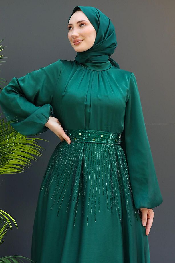 Taşlı Janjan Elbise Zümrüt - 5