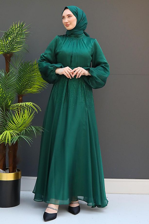 Taşlı Janjan Elbise Zümrüt - 3