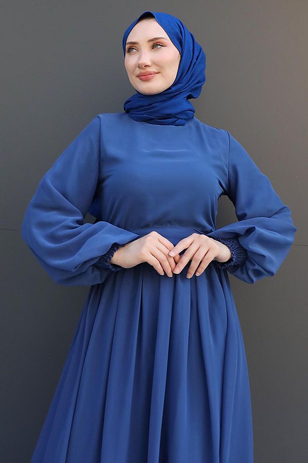 Nare Tesettür Şifon Elbise İndigo - 5