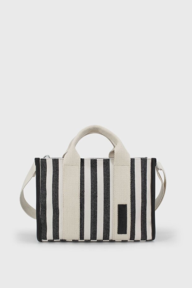 Women's Black Striped Linen Medium Size Crossbody Hand and Shoulder Bag