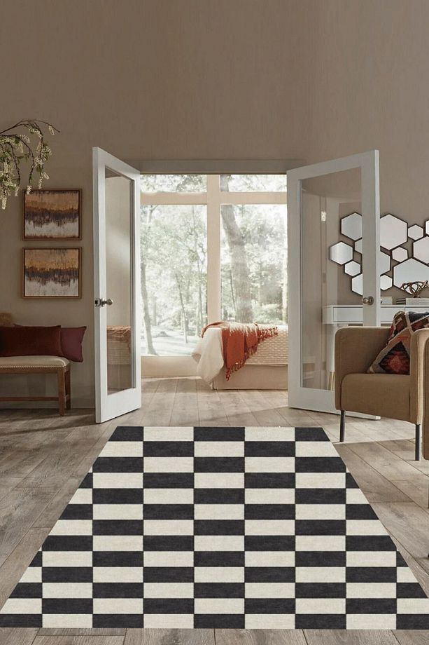 Karo Desenli Dijital Baskı Makinede Yıkanabilir Kaymaz Taban Salon, Yatak Odası, Mutfak Halısı - 2