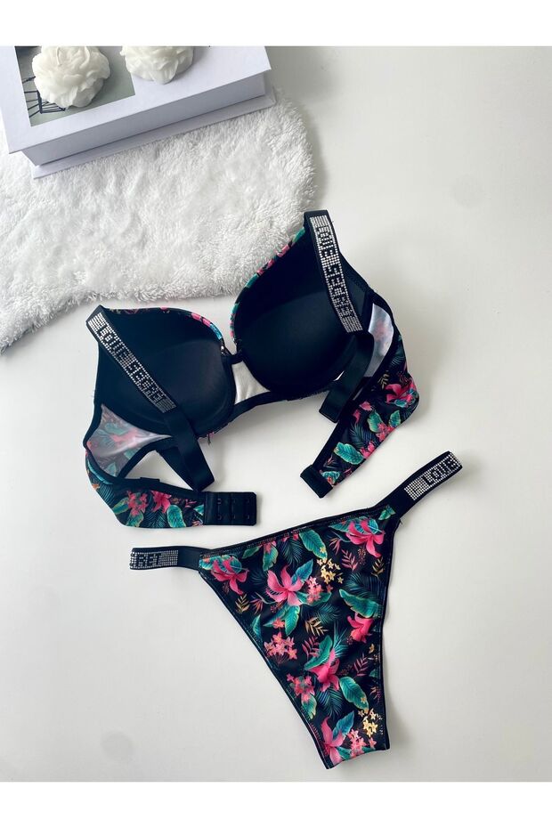 Printed Padded Micro Fabric Stone Bra Set - 2