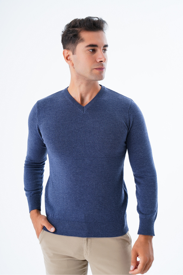 Men's melange indigo 100% cotton v-neck knit sweater trist-1102