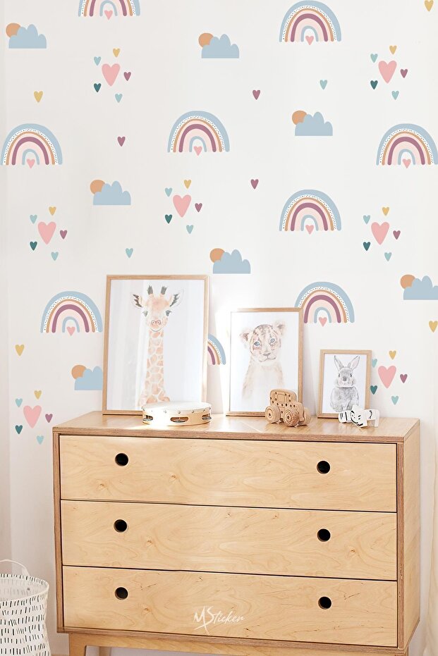 Boho Rainbow Hearts and Figures Kids Baby Room Wall Sticker Set, Rainbow in Pastel Colors