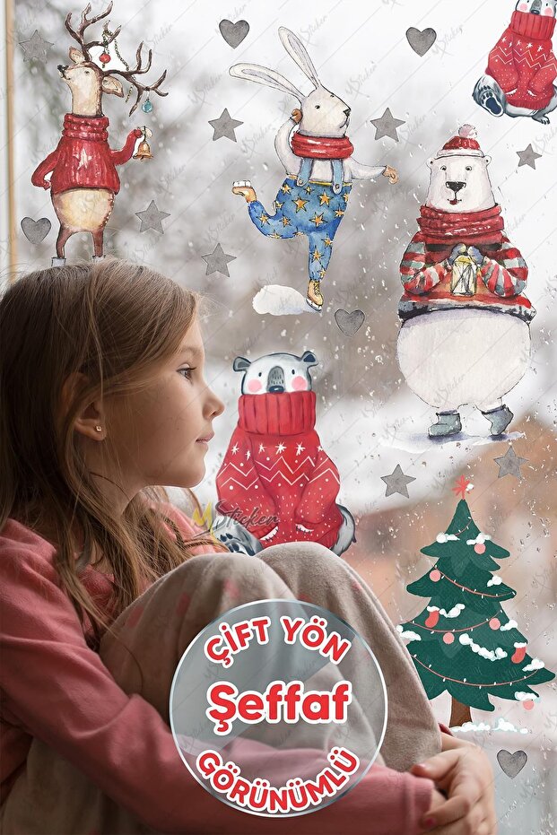 Christmas Glass Wall Decoration, Winter Concept Teddy Bears and Cute Animals Sticker Set
