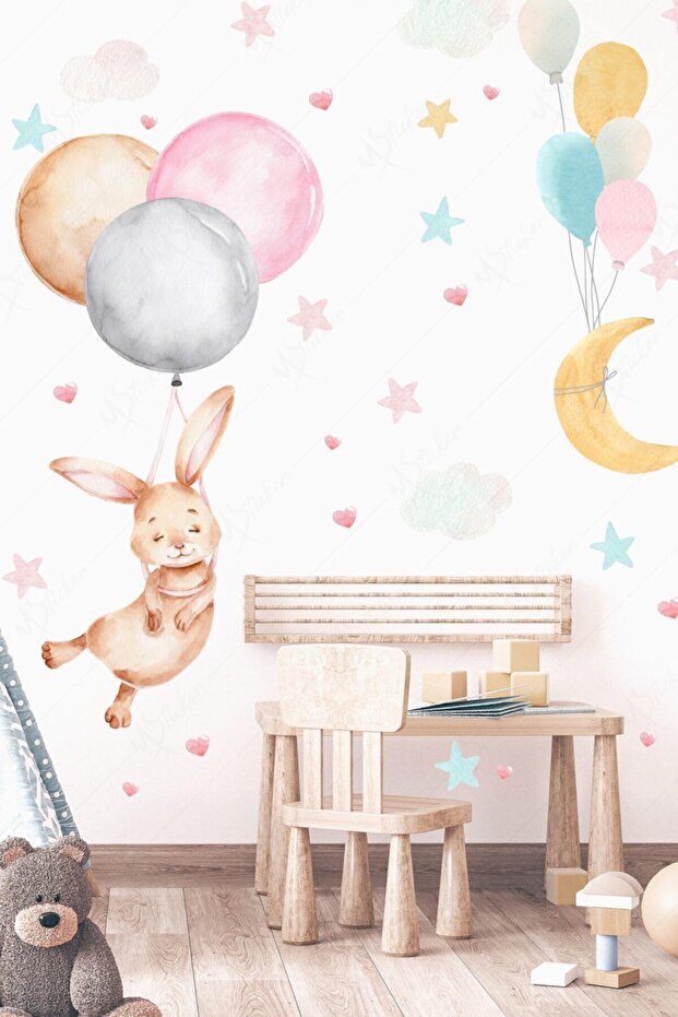 Flying Rabbit in Balloon Moon Stars and Hearts Kids Room Sticker Set