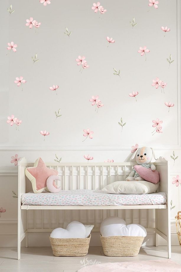 Pembe Çayır ve Kır Çiçekleri Yapraklar Sticker Seti, Çocuk Bebek Odası Çiçek Sticker Seti - 3