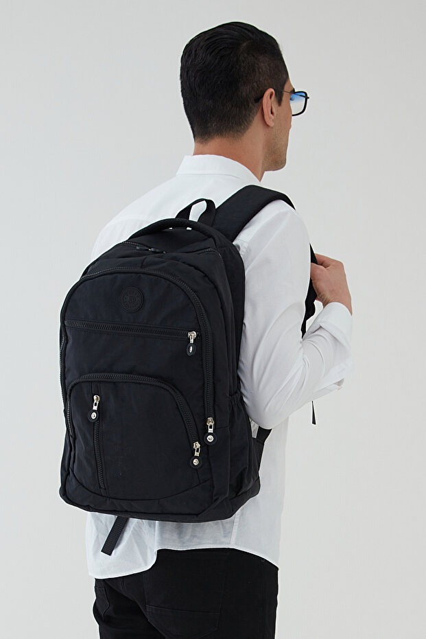 Unisex Crinkle Fabric Waterproof Large Size Multi-Compartment Black Travel Backpack High School Middle School Bag