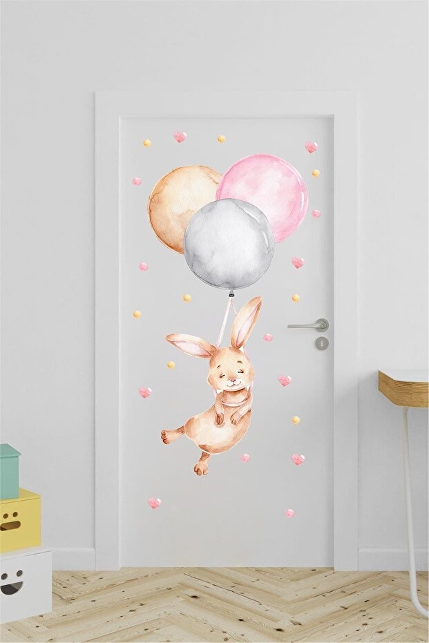 Balloons And Rabbit Door Sticker - Heart And Polka Dot