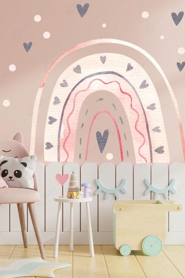 Pink Tones Rainbow and Grey Hearts Kids Baby Room Decoration Sticker Set