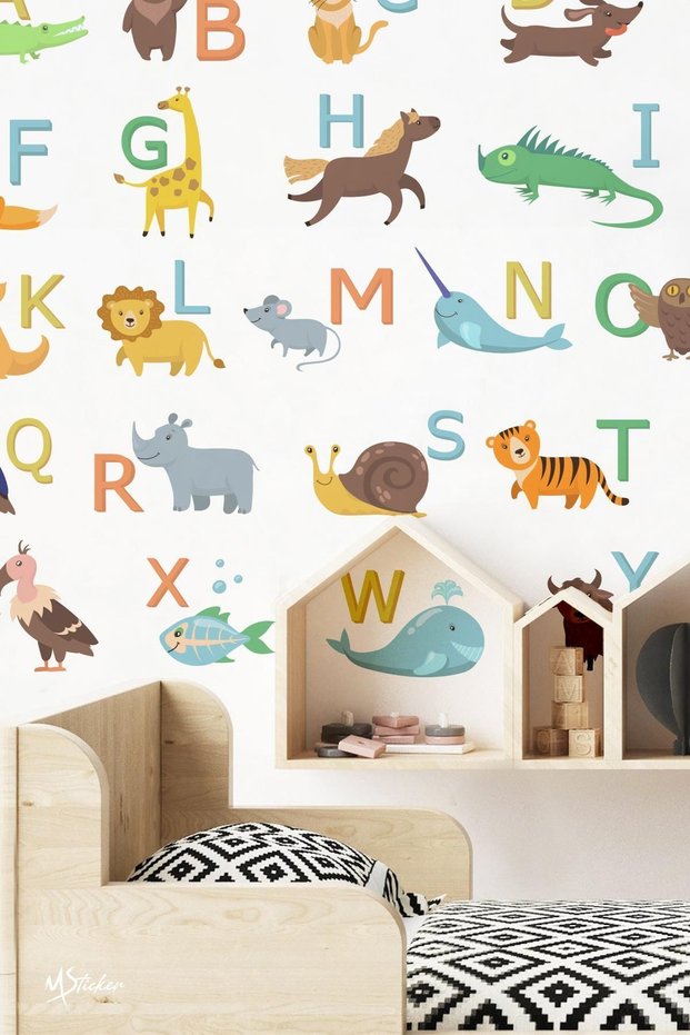 Animal English Alphabet Letters School Nursery Kindergarten Kids Room Wall Glass Sticker Set