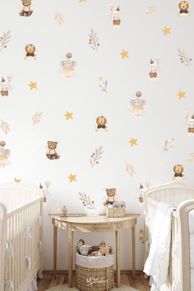 Cute Animals Stars and Flowers Kids Baby Room Glass Wall Cabinet Sticker Set