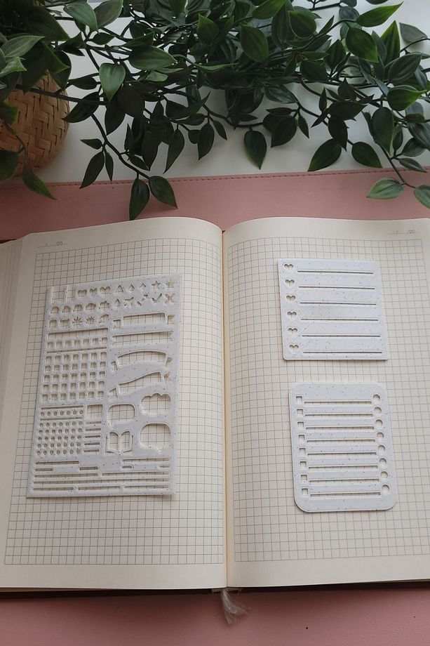Bullet Journal Tasarım Ve 2'li Kare Notluk Şablon Cetvel Set - Beyaz - 1