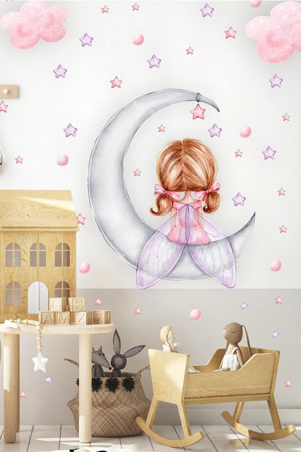 Cute Girl Sitting on the Moon Children's Room Wall Sticker Set Star and Polka Dot