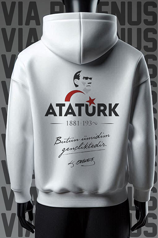 Ataturk Printed Kangaroo Pocket 3 Thread Threaded Wide Fit White Hooded Sweatshirt
