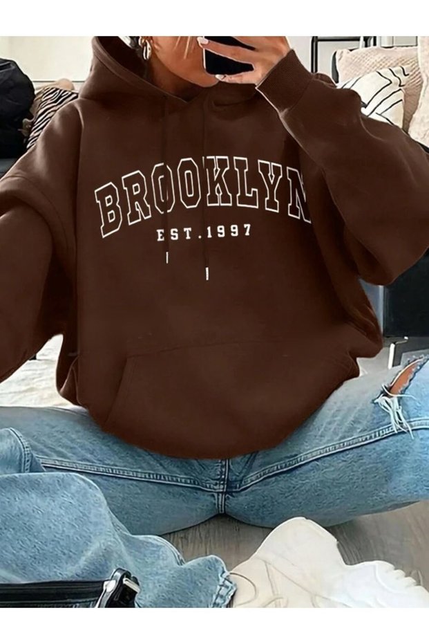 Women's Men's Brooklyn 1997 Printed Oversize Hooded Unisex Sweatshirt-Black Beige Baby Blue Loose Sweatshirt