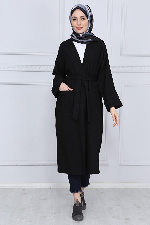 Women's Black Summer Belted Double Pocket Kimono